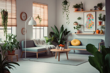An interior room with plants on it, in the style of daz3d, light cyan and orange,  Generative AI