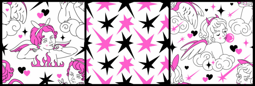Glamour gothic set of seamless patterns. Y2k art. Naughty angels in love flame, fun cupids, pink hearts and stars. Weird goth glam love tile backgrounds.