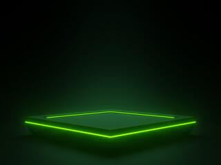 3D black geometric podium with green neon lights. Sci-Fi mock up