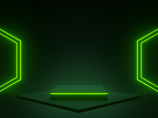 3D black geometric podium with green neon lights. Sci-Fi mock up