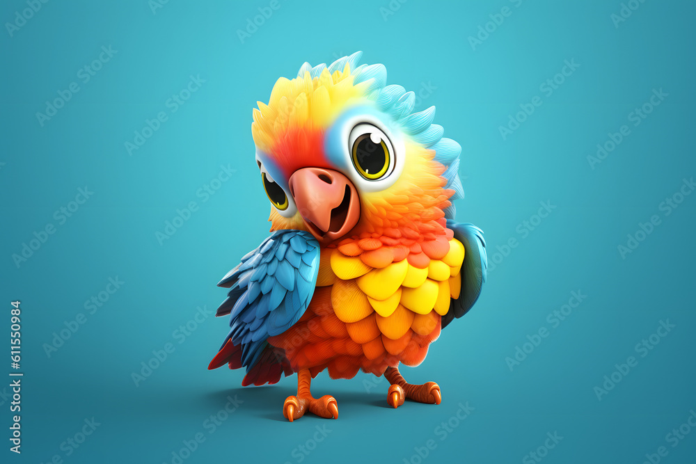 Wall mural cute colorful cartoon 3d parrot, 3d cartoon parrot with blue feathers, colorful cute parrot generati