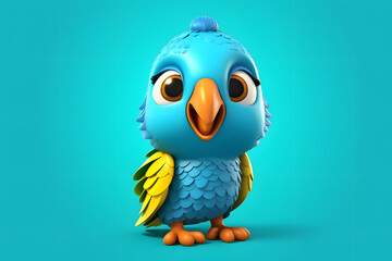 Fototapeta premium Cute blue cartoon 3d Parrot, 3d Cartoon Parrot with yellow feathers, Colorful cute Parrot generative AI