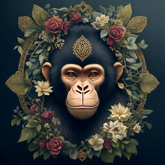 Portrait of a chimpanzee surrounded by flowers in dark background, created with Generative AI.