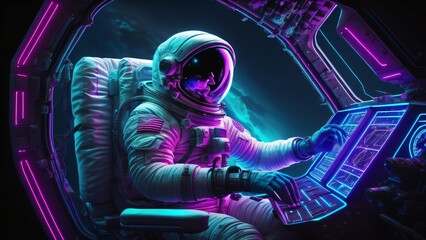 Astronaut or spaceman on cockpit with outer space background. Neon lights style. Generative ai - obrazy, fototapety, plakaty