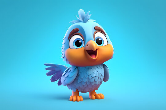 Cute blue cartoon 3d Parrot, 3d Cartoon Parrot with blue feathers, cute Parrot generative AI