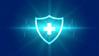 Obraz premium shiny shield and cardiograph blue background for medical care