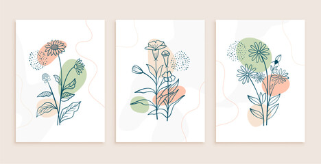 Fototapeta na wymiar line art abstract flower and leaves poster in set
