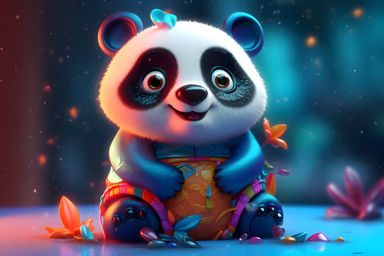Cute Colorful 3d Panda with fantasy background, 3d Cartoon Panda, Colorful Panda generative AI