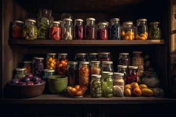 Fototapeta na wymiar Assorted pickled fruits and vegetables stored in jars on wooden shelves illuminated by light. Generative AI