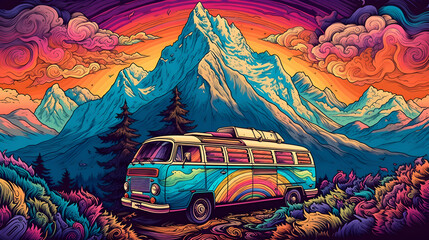 Camper van with patterns against mountain at sunset AI generative illustration