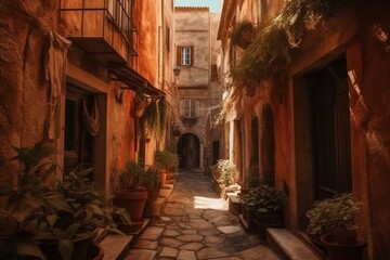 Fototapeta na wymiar Old narrow streets of a medieval Spanish or Italian village with terracotta hues. Generative AI