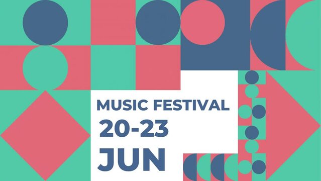Geometric Pattern Music Festival Flyer. Circles, squares animation. Modernist abstract background. Bauhaus Design style.