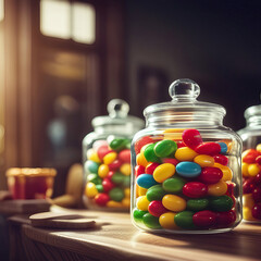 Candy shop with jars of colorful candy, created with generative AI