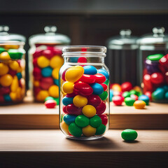 Candy shop with jars of colorful candy, created with generative AI
