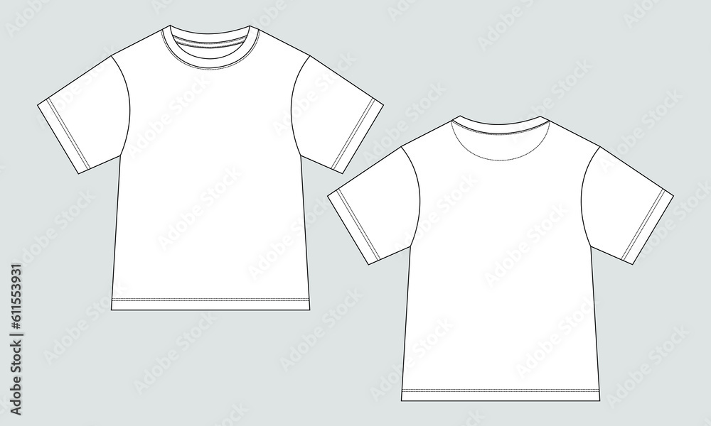 Canvas Prints Short sleeve Basic T-shirt With technical fashion flat sketch vector Illustration template front and back views. Basic apparel Design Mock up for Kids and boys.
