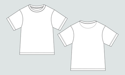 Short sleeve Basic T-shirt With technical fashion flat sketch vector Illustration template front and back views. Basic apparel Design Mock up for Kids and boys.
