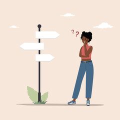 Young african woman in doubt. Cute female character standing at pointer and making choice or decision. Concept of finding right direction or route in life. Vector illustration in flat cartoon style.