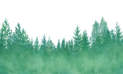 Watercolor landscape with trees. Background drawn landscape of foggy forest wild nature. Transparent png