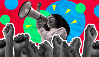 Megaphone, protest and woman voice isolated on red background for human rights, strong opinion or broadcast. Speech, fist and gen z people for power, call to action or change on digital scrapbook art - obrazy, fototapety, plakaty
