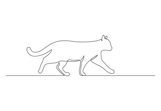Single continuous line art cat going. Domestic cute pet feline animal concept design. Vet pet clinic meal concept vector illustration. Premium vector.
