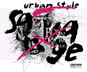 urban text splash t shirt print patterns. t shirt graphics savage tiger print vector illustration, typography street art graffiti slogan print with spray effect