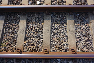 Closeup of the railroad tracks with top angle shot