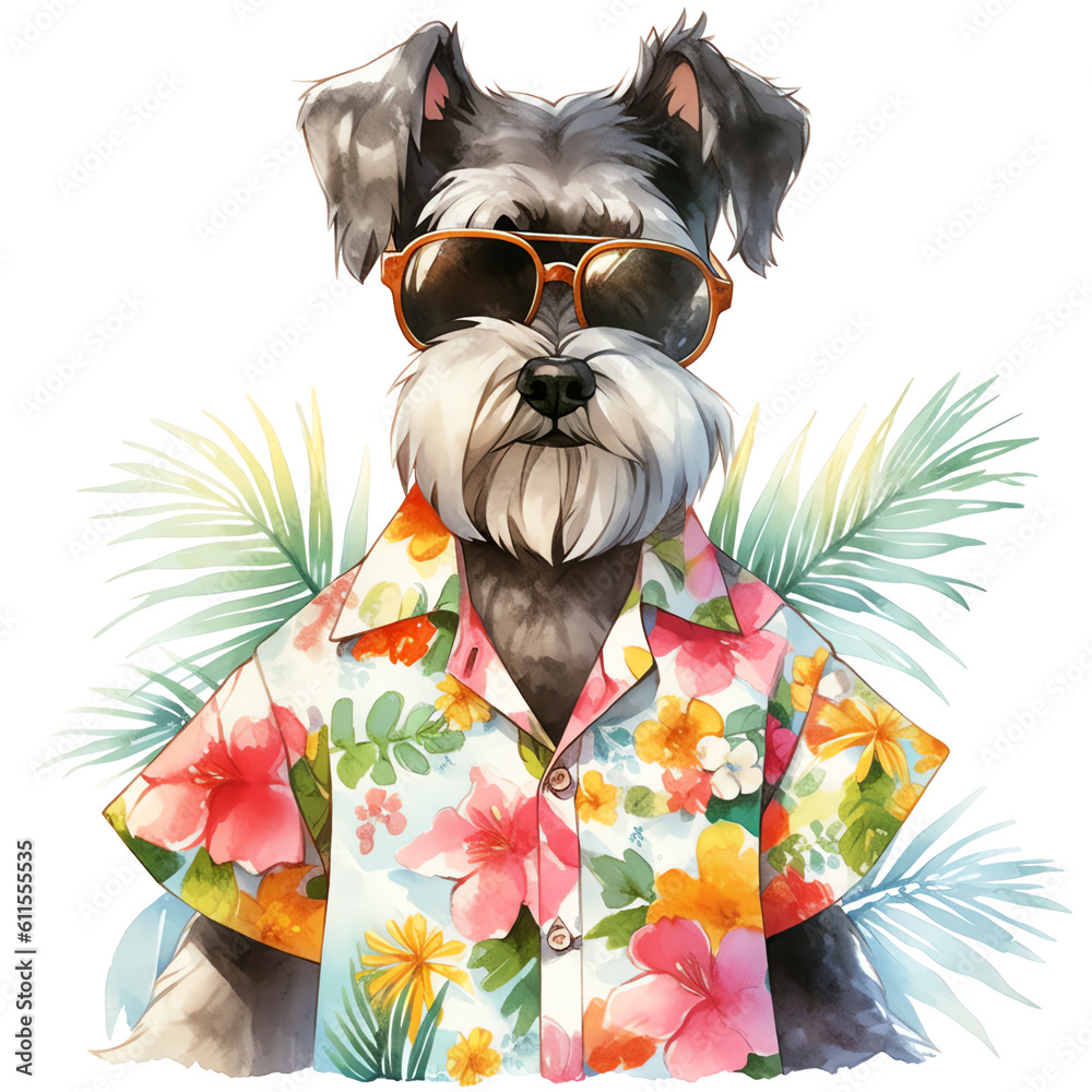 Wall mural miniature schnauzer on summer vacation dressed in hawaiian shirt, sunglasses and swimming trunks - w