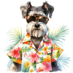 Miniature Schnauzer on summer vacation dressed in hawaiian shirt, sunglasses and swimming trunks - Watercolor illustration isolated - Generative AI