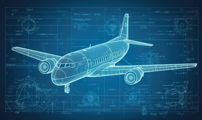 Comprehensive plane technical drawing presented in an informative blueprint. Creating using generative AI tools