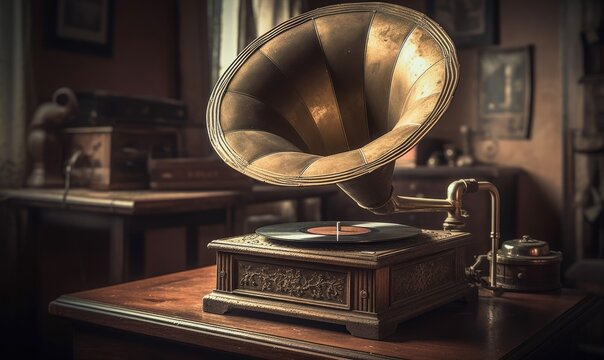 Immerse in the charm of yesteryears with a vintage gramophone adorning a wooden table. Creating using generative AI tools