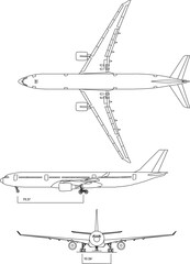 Passenger airplane detailed sketch illustration vector with sketch sizes