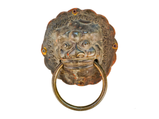 Antique bronze lion door knocker isolated on transparent background