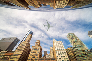 Airplane fly over building and city of Chicago city