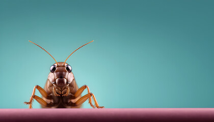 Creative animal concept. Cockroach roach pest peeking over pastel bright background. advertisement, banner, card. copy text space. birthday party invite invitation 	