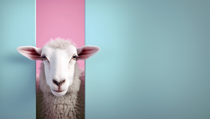 Creative animal concept. Sheep lamb peeking over pastel bright background. advertisement, banner, card. copy text space. birthday party invite invitation 