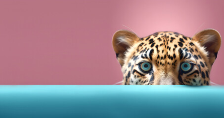 Creative animal concept. Jaguar peeking over pastel bright background. advertisement, banner, card....