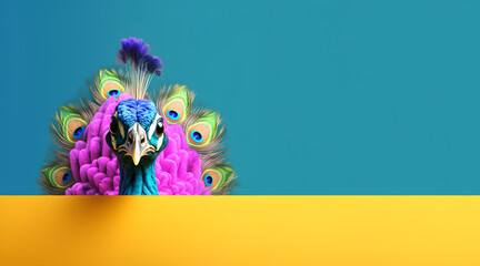 Creative animal concept. Peacock bird peeking over pastel bright background. advertisement, banner, card. copy text space. birthday party invite invitation 