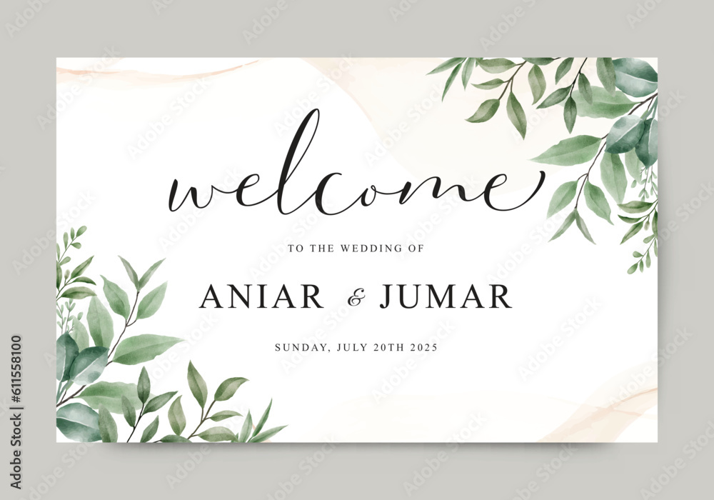 Wall mural green leaves for wedding welcome sign template