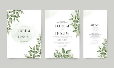 Fototapeta na wymiar Set of wedding invitation templates with elegant green foliage