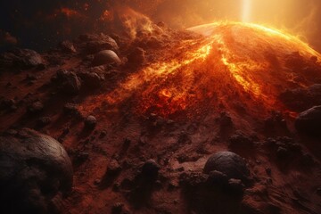 Fototapeta na wymiar Fiery planets scorch Earth's future path. Generative AI
