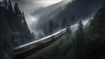 Speed passenger train moving in the mist mountains covered with forest. Generative AI