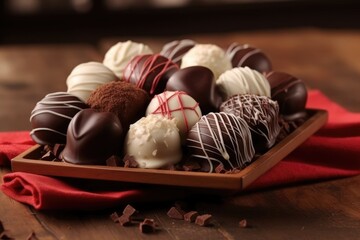 Dark, milk and white chocolate candies / pralines / truffles, assorted on wooden table. Dessert for...