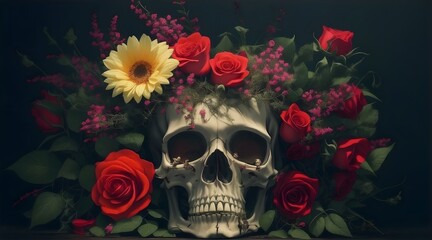 Illustration of a skull surrounded by beautiful flowers in a dark place. 

