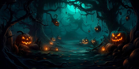 background featuring a spooky forest with twisted trees, glowing jack-o'-lanterns, and mysterious shadows. Generative AI
