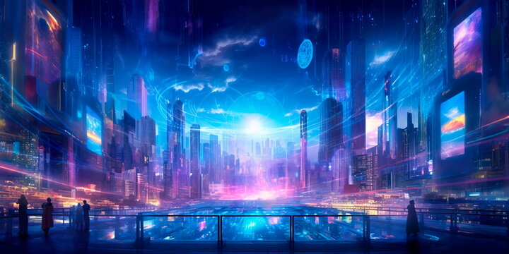 landscape with holographic displays and interactive interfaces, depicting a world driven by cutting-edge advancements. Generative AI