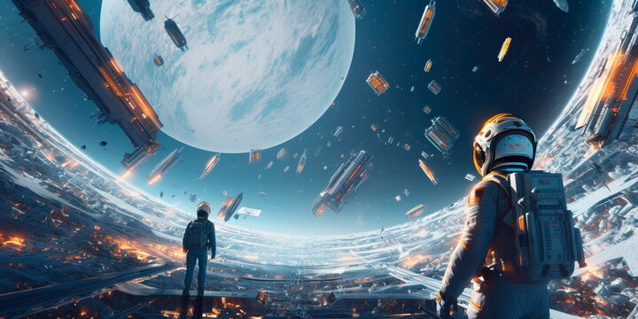 Futuristic space exploration scene with astronauts and futuristic spacecraft, embodying humanity's quest for knowledge beyond Earth. Generative AI