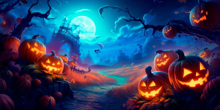 Halloween background with a moonlit pumpkin patch, flying witches, and a chilling breeze. Generative AI
