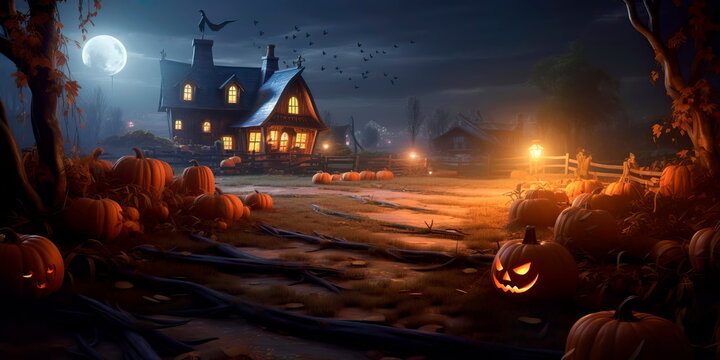 Halloween background with a moonlit pumpkin patch, flying witches, and a chilling breeze. Generative AI
