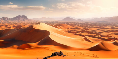 Fototapeta na wymiar panoramic aerial view of a vast desert landscape, with endless golden sand dunes stretching as far as the eye can see, interspersed with oases and camel caravans. Generative AI