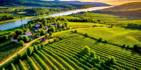 stunning aerial view of a vineyard in full bloom, with neatly aligned rows of grapevines, vibrant green foliage, and a winery nestled amidst the scenic beauty. Generative AI